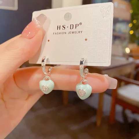 Mint Green Enamel Heart Dangle Earrings For Women Silver Plated Copper Rhinestone Sweet Niche Style Stud Earrings Jewelry Gift