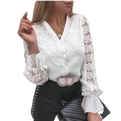 Women's Fashion Long Sleeve V Neck Button Lace Blouse Elegant Casual Solid Color Office Shirt Top