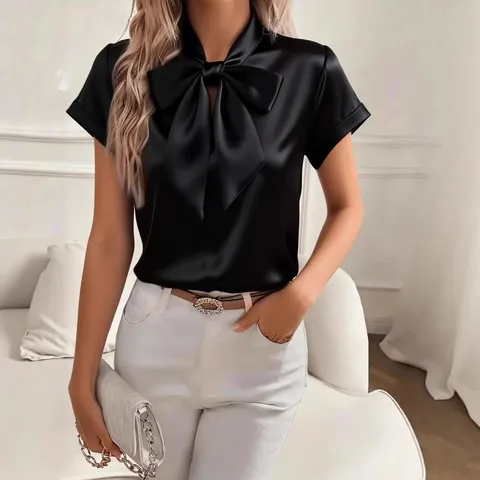 Women's Short Sleeve Satin Bow Tie Neck Blouse Solid Color Elegant Commuting Shirt Top