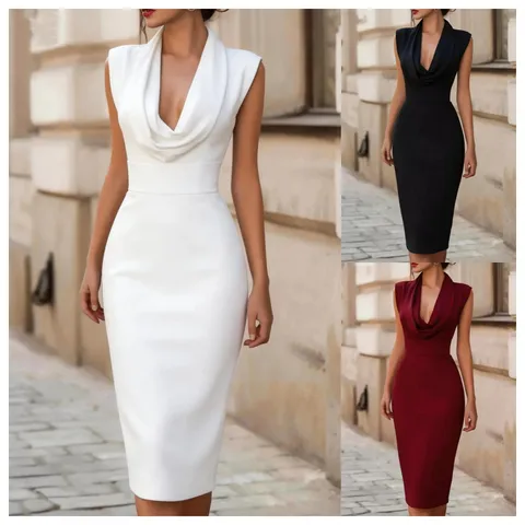 Women's Elegant Sleeveless Cowl Neck Bodycon Midi Dress Solid Color High Waist Slim Fit Sexy Party Clubwear Dress