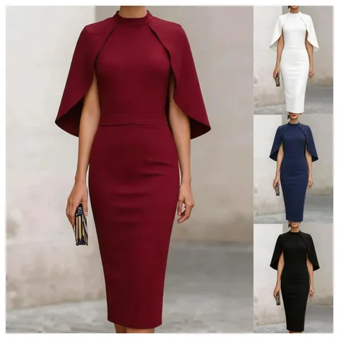 French Vintage Cape Spliced Elegant Slim Midi Dress Women Solid Color Stand Collar Zipper Party Evening Dress