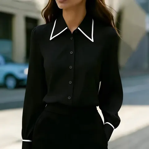 Women's Casual Long Sleeve Blouse Contrast Lapel Single Breasted Button Down Shirt Polyester Commuter Fashion Tops