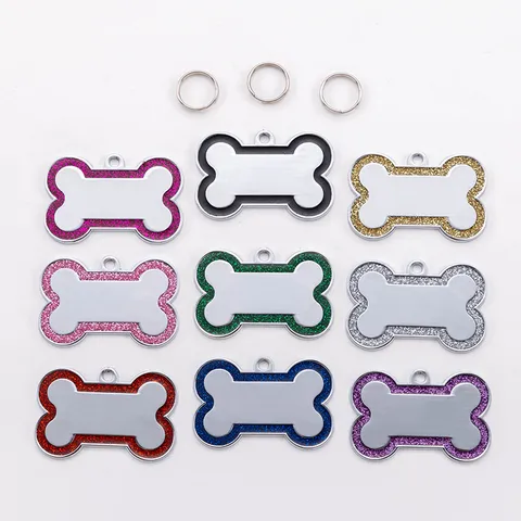 Placa para Perro en Forma de Hueso de Aleación de Zinc Borde con Purpurina Etiqueta de Identificación Antipérdida para Perros Gatos Accesorios para Mascotas