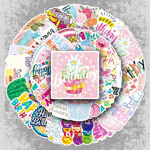 Autocollants Laser Joyeux Anniversaire Autocollants En Vinyle Imperméables Pour Bouteille D'Eau Scrapbook Pack De Stickers Décoratifs De Dessin Animé
