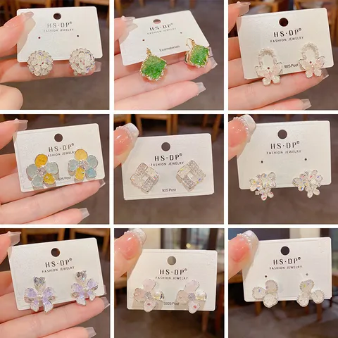 Handmade Crystal Rhinestone Stud Earrings For Women 925 Sterling Silver Post Gold Plated Flower Butterfly Geometric Earrings Sweet Jewelry