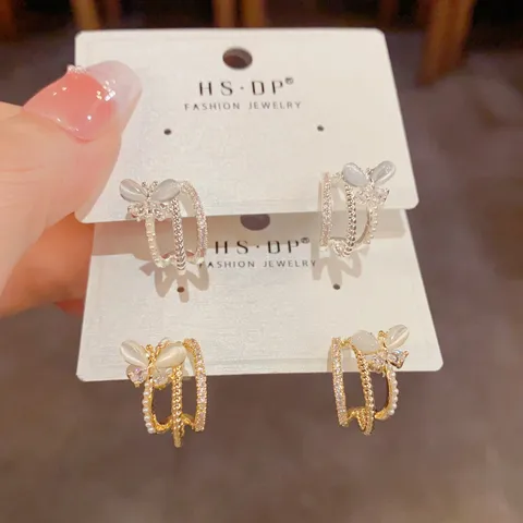 Butterfly Triple Layer Stud Earrings For Women Rhinestone Artificial Pearl Inlaid Jewelry S925 Sterling Silver Post Gold Silver Plated