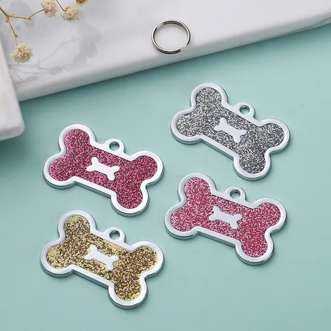 Anti-Lost Pet ID Tag Glitter Bone Metal Dog Tag Cute Puppy Name Plate Collar Pendant Pet Accessories