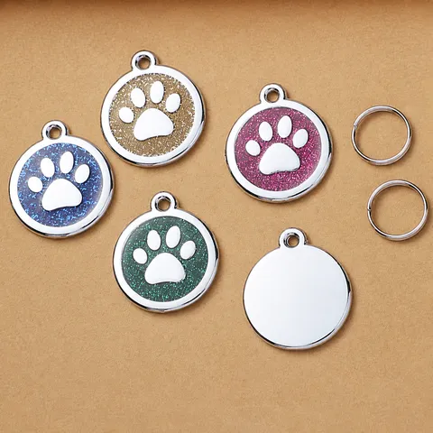 Zinklegierung Glitzer Pfotenabdruck Runde Hunde ID Marke Süß Haustier Halsband Anhänger Metall Katze Tag Zubehör