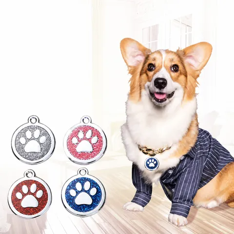 Zinklegierung Glitzer Pfotenabdruck Runde Hunde ID Marke Süß Haustier Halsband Anhänger Metall Katze Tag Zubehör