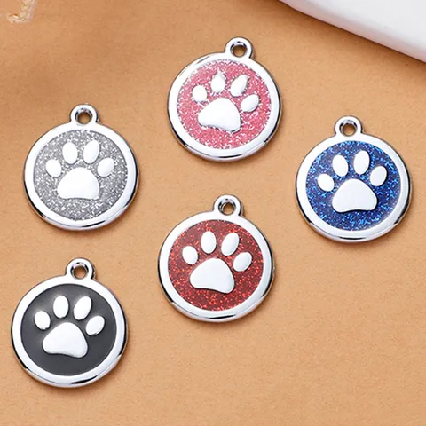 Placa de Identificación Redonda para Perros de Aleación de Zinc con Huella Brillante Colgante Lindo para Mascotas Gatos