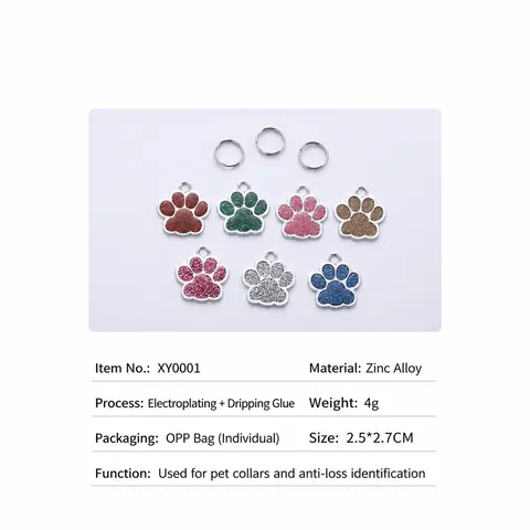 Zinc Alloy Glitter Paw Print Pet ID Tag Metal Puppy Dog Tag Cat Collar Charm Pendant For Pet Accessories
