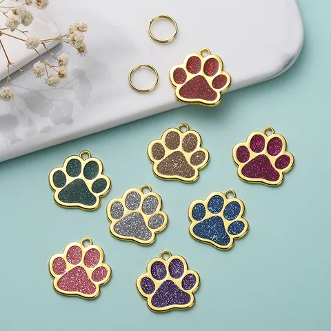 Placa de Identificación para Mascotas de Aleación de Zinc Huella Linda Brillo Etiqueta de Perro Colgante Antipérdida para Gatos y Perros