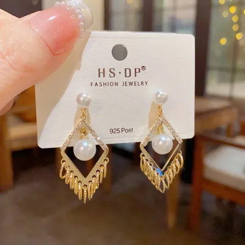 Pendientes Colgantes Elegantes de Cobre Chapado en Oro Con Strass y Perlas Artificiales Diamante Geométrico Borla Pendientes Largos