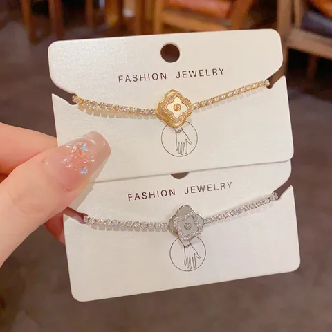 Rotating Shell Four-leaf Clover Bracelet For Women Copper Real Gold Plated Rhinestone Adjustable Pull-out Fashion Jewelry Gift