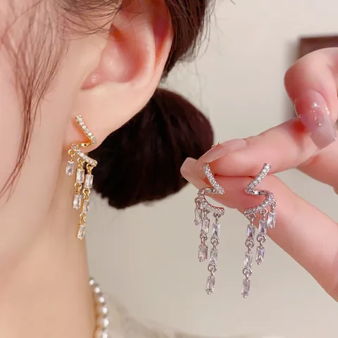 Boucles d'Oreilles Pendantes Tassel en Cuivre Strass Avec Tige en Argent Sterling 925 Boucles d'Oreilles Longues Géométriques Torsadées Femme