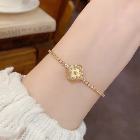 Rotating Shell Four-leaf Clover Bracelet For Women Copper Real Gold Plated Rhinestone Adjustable Pull-out Fashion Jewelry Gift