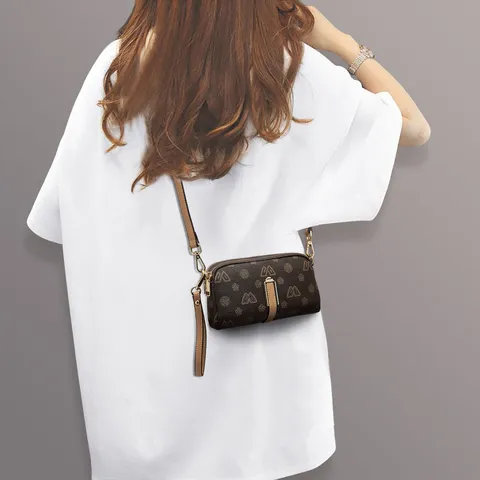 Borsa a Tracolla Piccola da Donna in Pelle PU Monogramma Borsa a Spalla Casual Borsetta per Telefono Con Tracolla Regolabile e Doppie Cerniere
