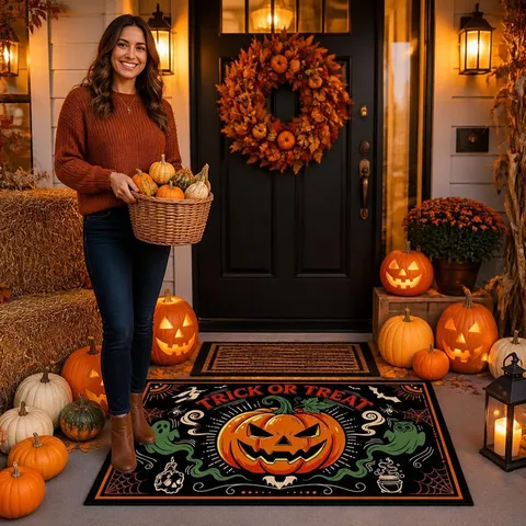 Paillasson d'Halloween Impression Chauve-souris Citrouille Tapis de Sol Antidérapant Imperméable Tapis de Bienvenue Décor Intérieur Extérieur