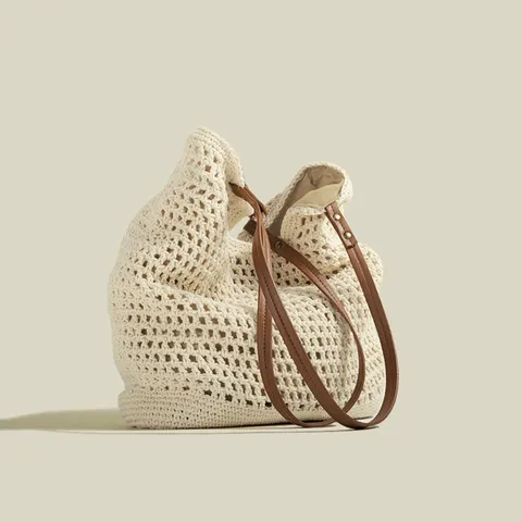 Borsa Tote Tessuta a Mano Stile Francese Grande Capacità Vacanza al Mare Borsa a Tracolla Casual Borsa Tessuta da Donna
