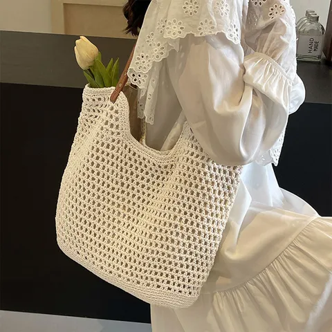 Borsa Tote Tessuta a Mano Stile Francese Grande Capacità Vacanza al Mare Borsa a Tracolla Casual Borsa Tessuta da Donna