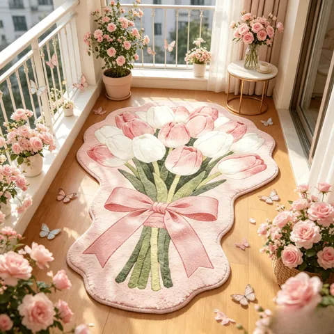 Alfombra con Forma de Ramo Dormitorio Corazón Femenino Decorativa Cachemira Sintética Estampada Tapete Floral Sala