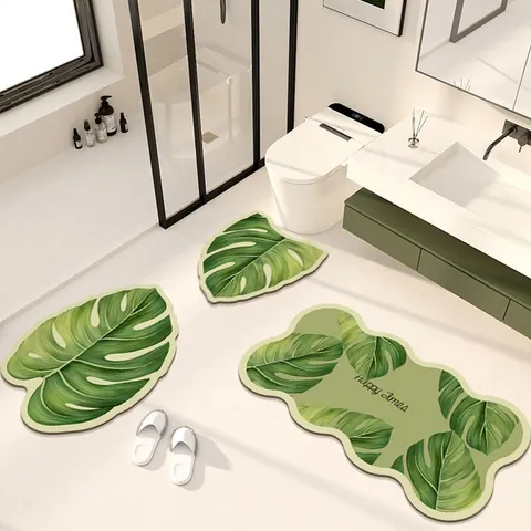 Forest Style Leaf Diatomaceous Earth Bath Mat Absorbent Anti-Slip Quick Dry Toilet U-Shaped Floor Mat Home Bathroom Decor