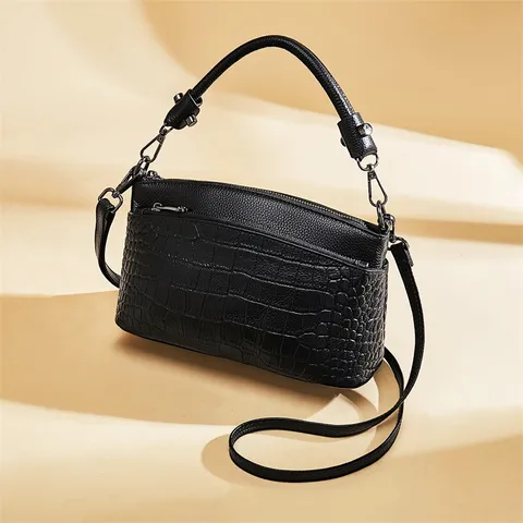 Borsa a Tracolla in Vera Pelle da Donna Borsa a Sacchetto con Motivo Coccodrillo Multicompartimento Borsa a Spalla