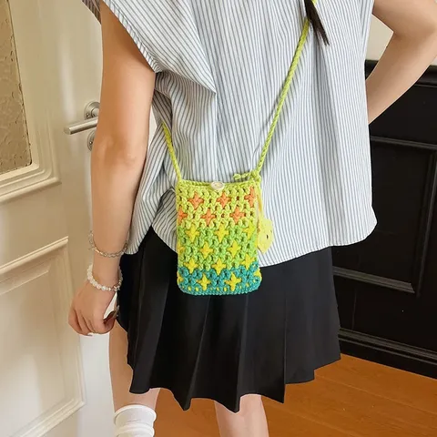 Koreanischer Stil Strick Handy Umhängetasche Sternmuster Mini Schultertasche Damen Süßes Girly Kleiner Beutel Geldbörse