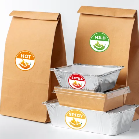 Spicy Food Warning Indicator Stickers Coated Paper Adhesive Labels For Restaurant Food Packaging Red Chili Pattern Round Design