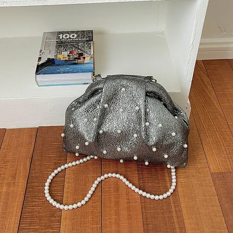 Vintage Luxury Fabric Pleated Shell Bag Elegant Cloud Ruched Evening Clutch For Women Artificial Pearl Decor Chain Crossbody Shoulder Bag For Banquet Party