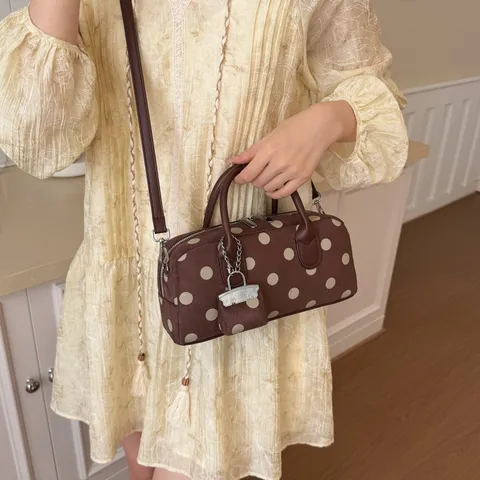 Vintage Polka Dot Handbag For Women PU Leather Stitching Detail Top Handle Bag Casual Crossbody Shoulder Bag With Mini Pouch Pendant