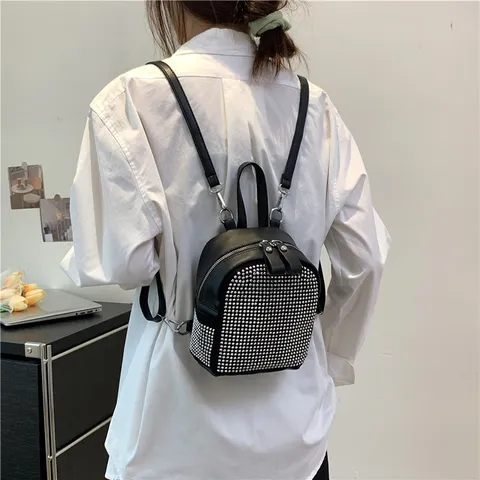 Femmes Casual PU Cuir Sac à Dos Mini Voyage Daypack Strass Orné Mode Quotidien École Livre Sac Bourse