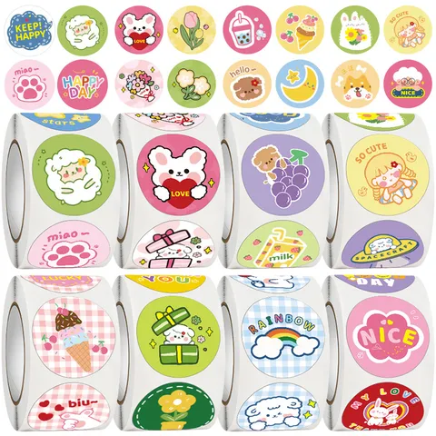 Cute Cartoon Round Sealing Stickers Roll Kids Reward Decorative Journal Stationery Material Scrapbook Decals