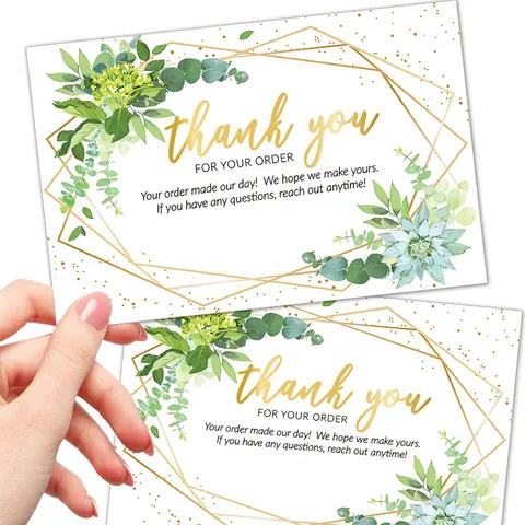 Green Plant Thank You Cards With Gold Geometric Border Blank Business Greeting Cards For Coated Paper Order Packaging