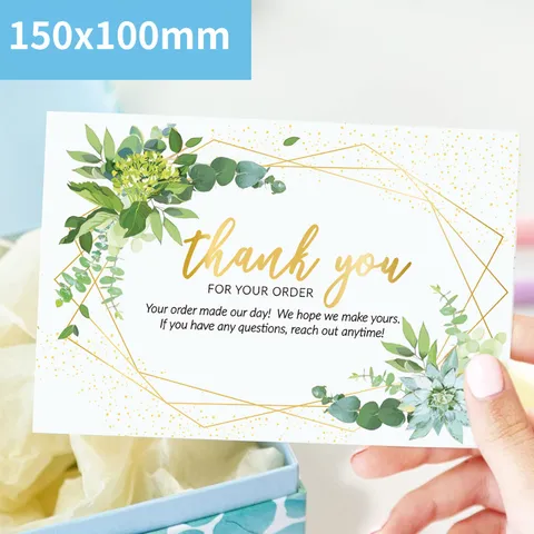 Green Plant Thank You Cards With Gold Geometric Border Blank Business Greeting Cards For Coated Paper Order Packaging