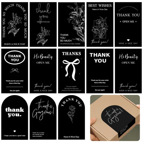 Black Rectangle Thank You Stickers For Gift Boxes Packaging Sealing Labels Small Business Decoration Supplies