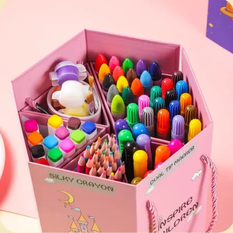 Kids Painting Set Hexagonal Folding Stationery Gift Box Crayons Colored Pencils Markers Art Supplies For Students
