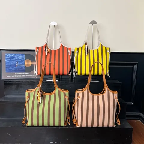 Borsa Tote da Donna in Tela a Righe Grande Capacità Colore a Contrasto Borsa a Spalla Con Manici in Pelle Handbag Casual