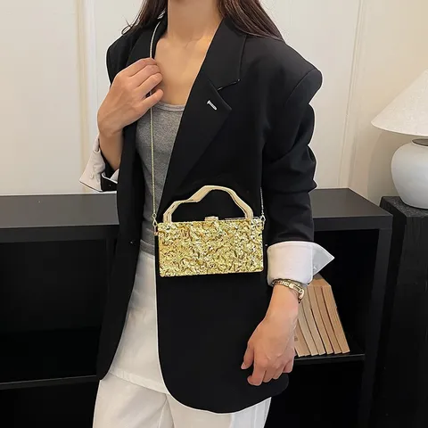 Borsa da Sera Geometrica in Acrilico Con Manico in Metallo Tracolla a Catena Lussuosa Handbag Rigida Testurizzata per Donna Festa Banchetto