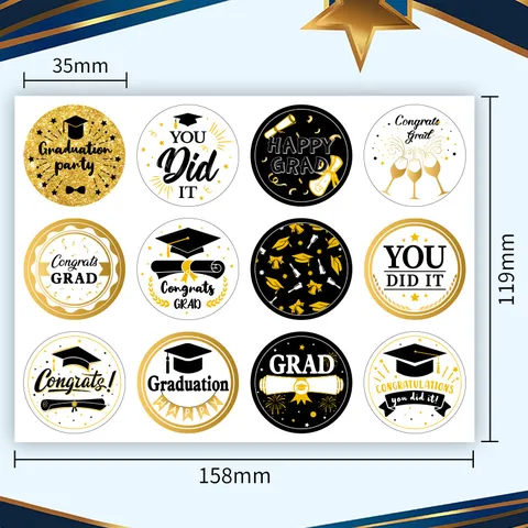 Graduation Party Stickers Round Gold Black Celebration Seal Labels For Gift Packaging And Graduation Event Party Decor