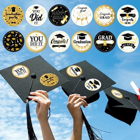 Graduation Party Stickers Round Gold Black Celebration Seal Labels For Gift Packaging And Graduation Event Party Decor