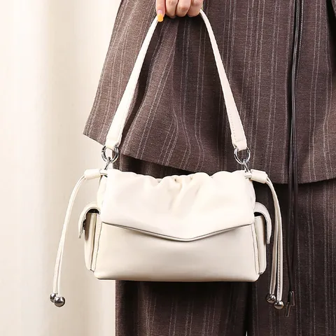 Women Genuine Leather Shoulder Bag Casual Pleated Drawstring Cloud Bag Retro Commuter Underarm Handbag