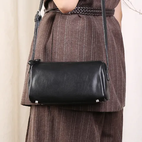 Women's Genuine Leather Cylinder Shoulder Bag Minimalist Small Crossbody Pillow Bag Vintage Commuting Handbag For Ladies