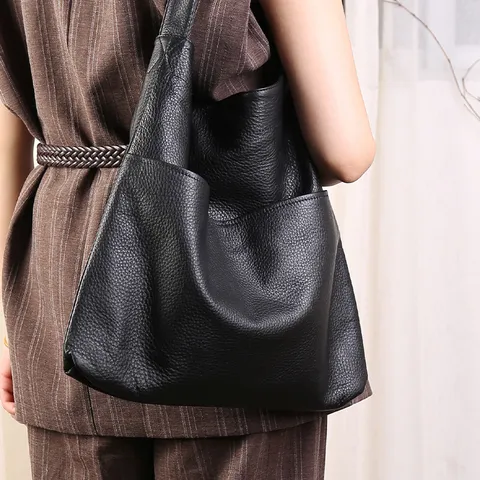 Women Large Capacity Top Layer Cowhide Tote Bag Vintage Minimalist Soft Leather Shoulder Bag Casual Commute Handbag