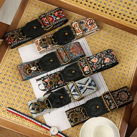 Ethnic Style Embroidered Replacement Bag Strap Adjustable Crossbody Wide Webbing Strap For Women Handbags Purse