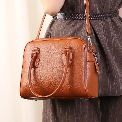 Women Boston Bag Top Layer Cowhide Leather Handbag Casual Commuting Large Capacity Shoulder Crossbody Bag Fashion Tote