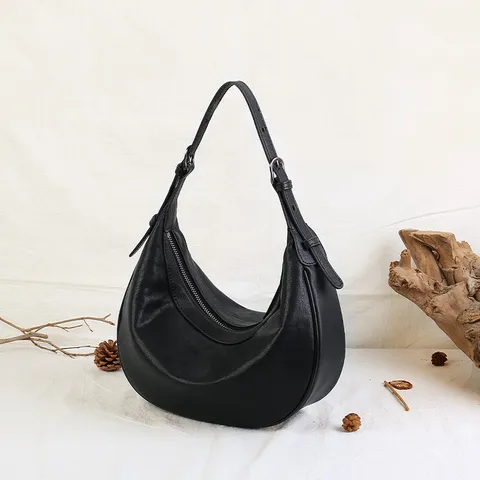Women Genuine Leather Crescent Hobo Bag Retro Plant-Tanned Shoulder Underarm Bag Casual Versatile Daily Handbag