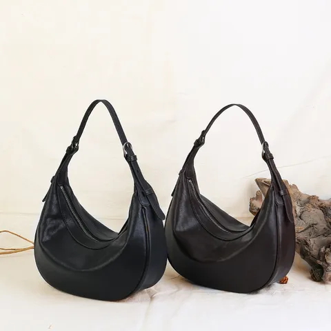 Women Genuine Leather Crescent Hobo Bag Retro Plant-Tanned Shoulder Underarm Bag Casual Versatile Daily Handbag