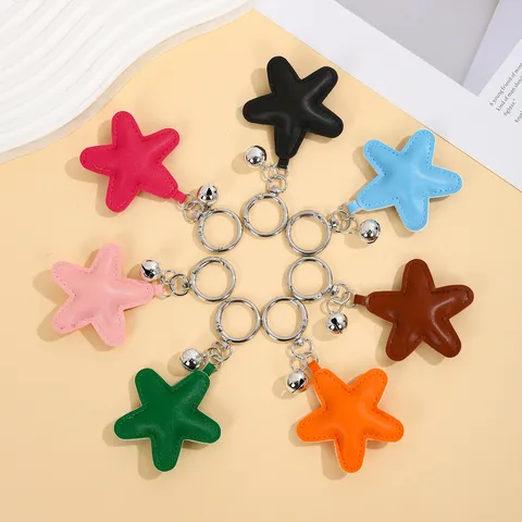 Leren Pentagram Sleutelhanger Schattige Ster Hanger Met Kleine Bel Metalen Ring Tas Auto Hangend Ornament Mode-Accessoire