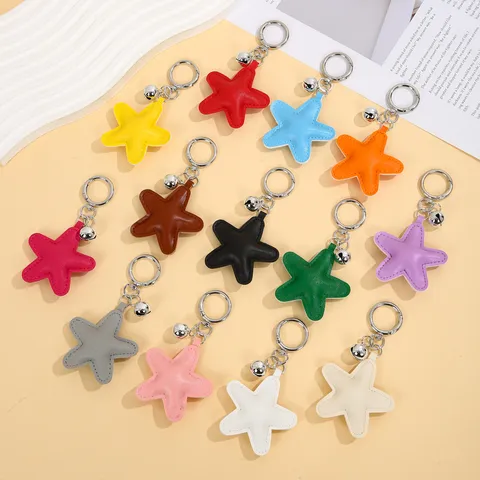Leren Pentagram Sleutelhanger Schattige Ster Hanger Met Kleine Bel Metalen Ring Tas Auto Hangend Ornament Mode-Accessoire